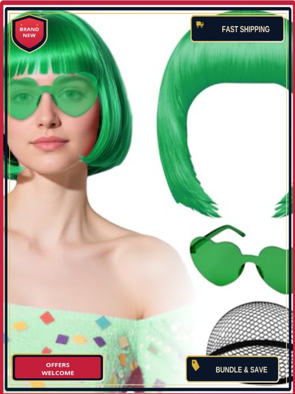 Short Bob Wig High Temperature Fiber with Heart Sunglasses & Hair Cap